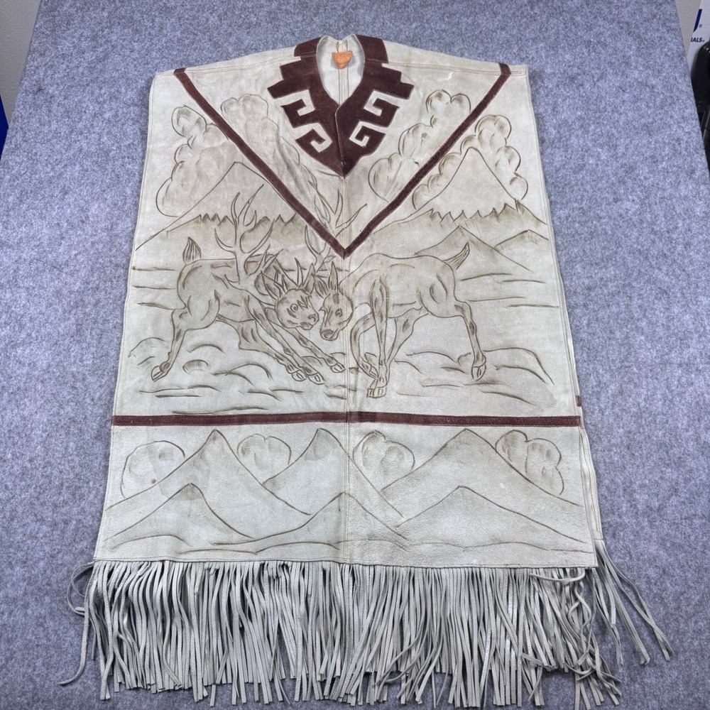 Vintage Gomez Genuine‎ Leather Poncho Mexico Fringe Beige Deer Artwear *Read
